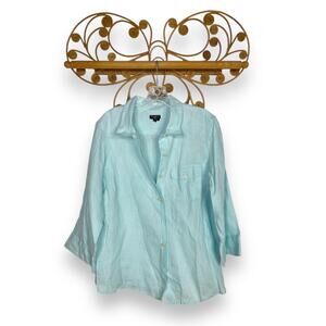 Talbots women's Irish linen blue button down shirt roll tan sleeves L